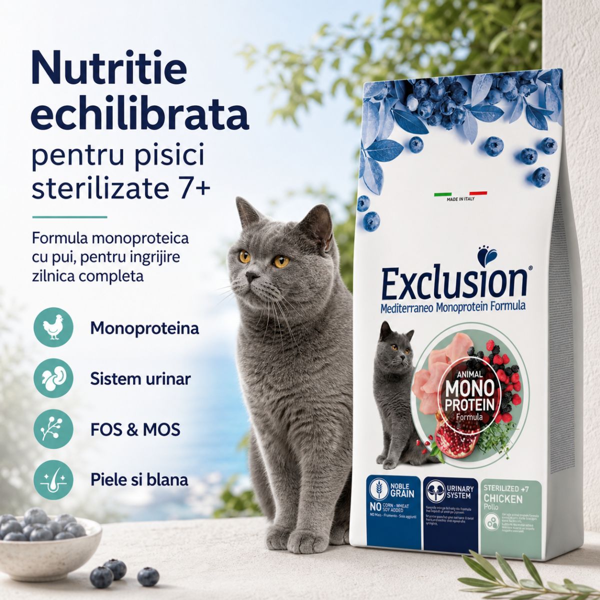 EXCLUSION Mediterraneo Monoprotein Sterilised +7, Pui, hrană uscată monoproteică pisici sterilizate senior, 1.5kg - poza 4