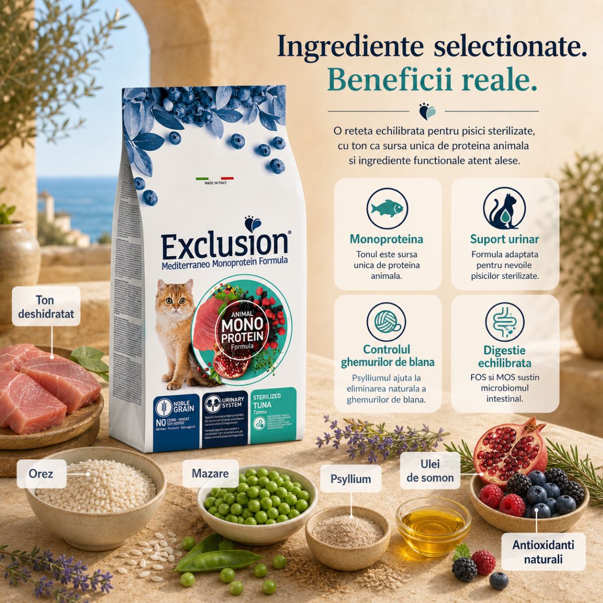 EXCLUSION Mediterraneo Monoprotein Sterilised +7, Pui, hrană uscată monoproteică pisici sterilizate senior, 1.5kg - poza 5