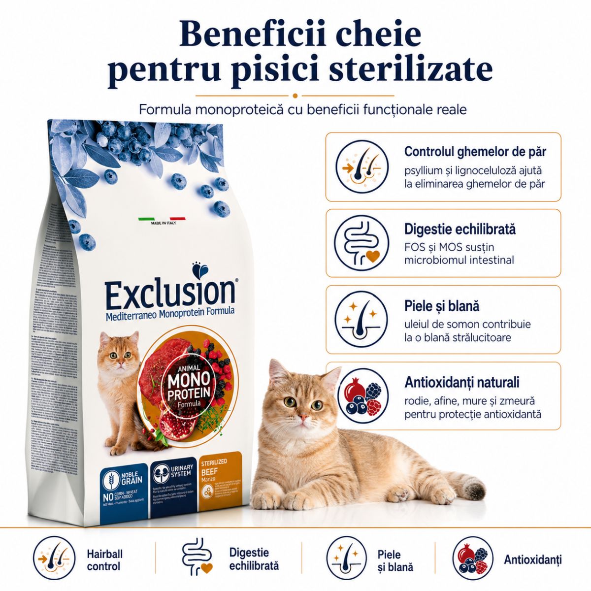 EXCLUSION Mediterraneo Monoprotein Sterilised, Vită, hrană uscată monoproteică pisici sterilizate, 1.5kg - poza 4
