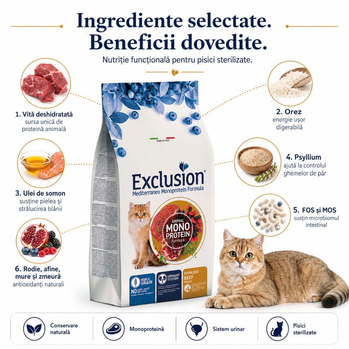 EXCLUSION Mediterraneo Monoprotein Sterilised, Vită, hrană uscată monoproteică pisici sterilizate, 1.5kg - poza 5