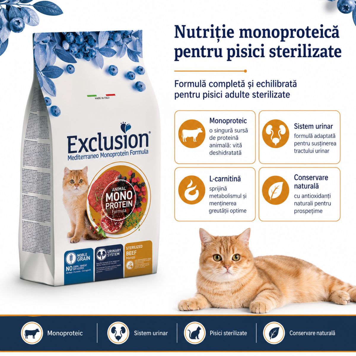 EXCLUSION Mediterraneo Monoprotein Sterilised, Vită, hrană uscată monoproteică pisici sterilizate, 12kg - poza 3