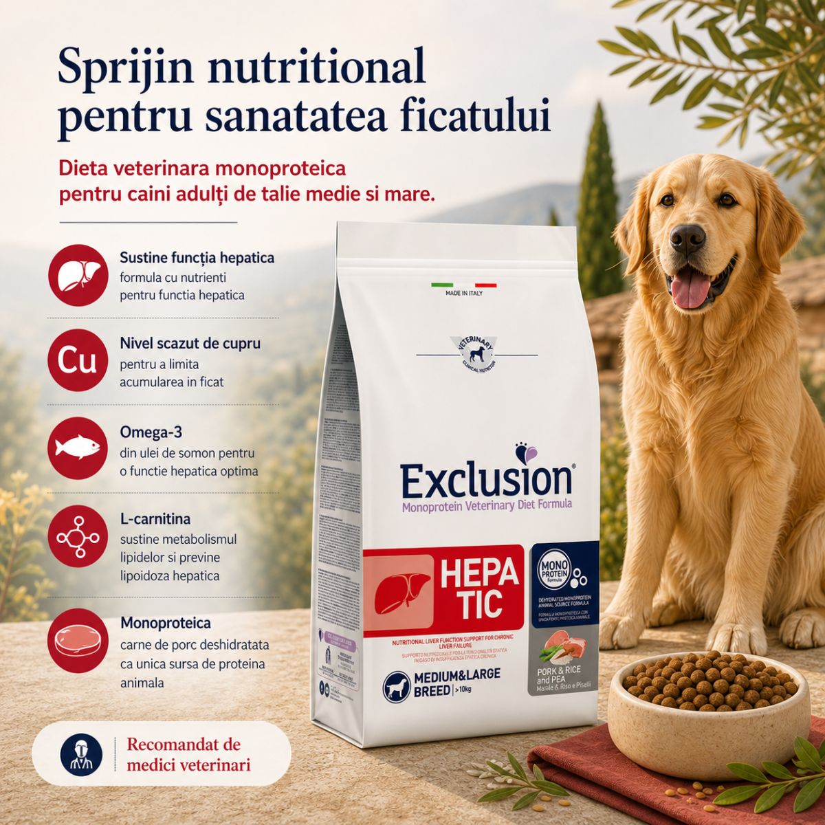 EXCLUSION Monoprotein VD Hepatic Medium&Large, M-XL, Porc și Orez, dietă veterinară, hrană uscată câini, sistem hepatic, 12kg - poza 4