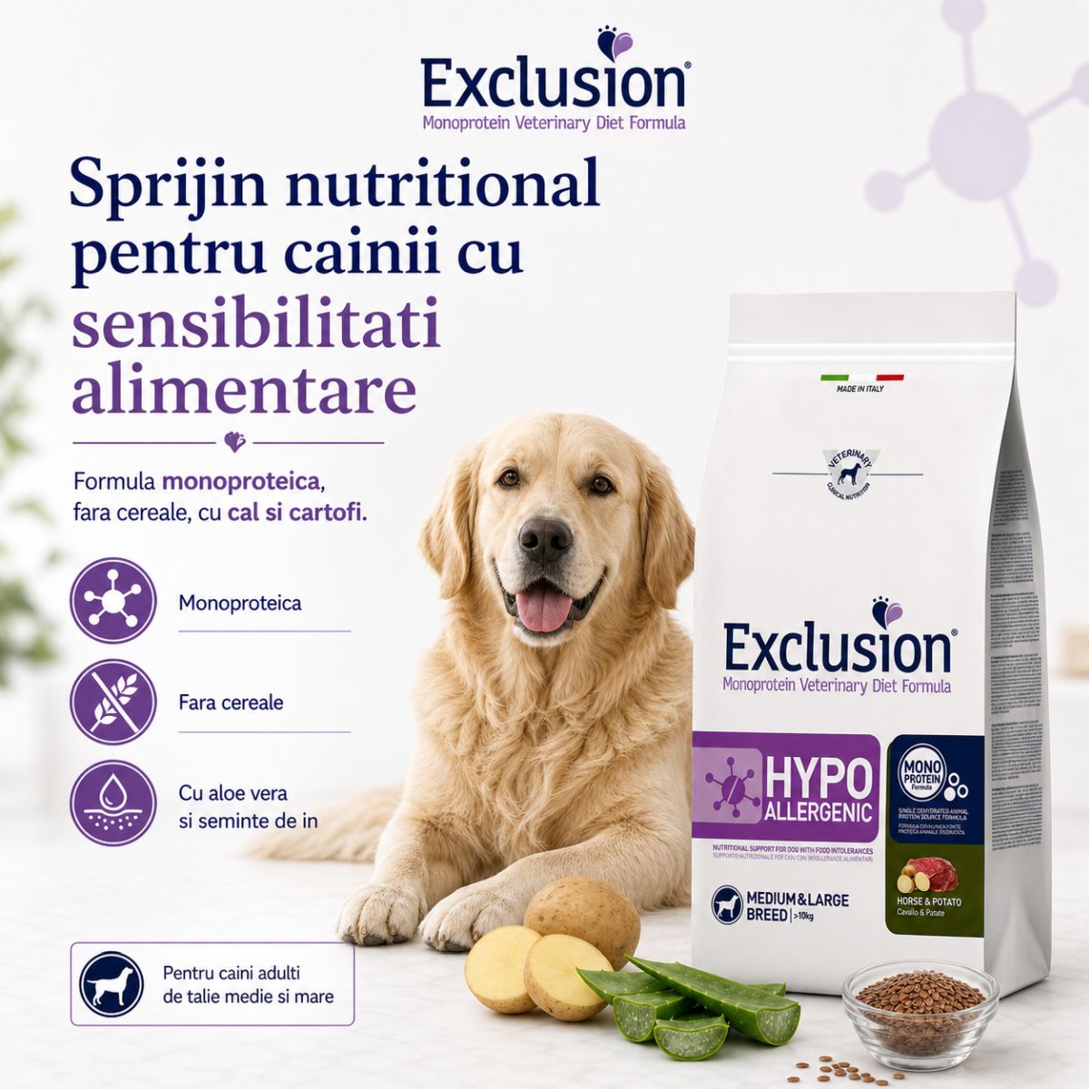 EXCLUSION Monoprotein VD Hypoallergenic Medium&Large, M-XL, Cal și Cartofi, dietă veterinară, hrană uscată fără cereale câini, alergii, 12kg - poza 3