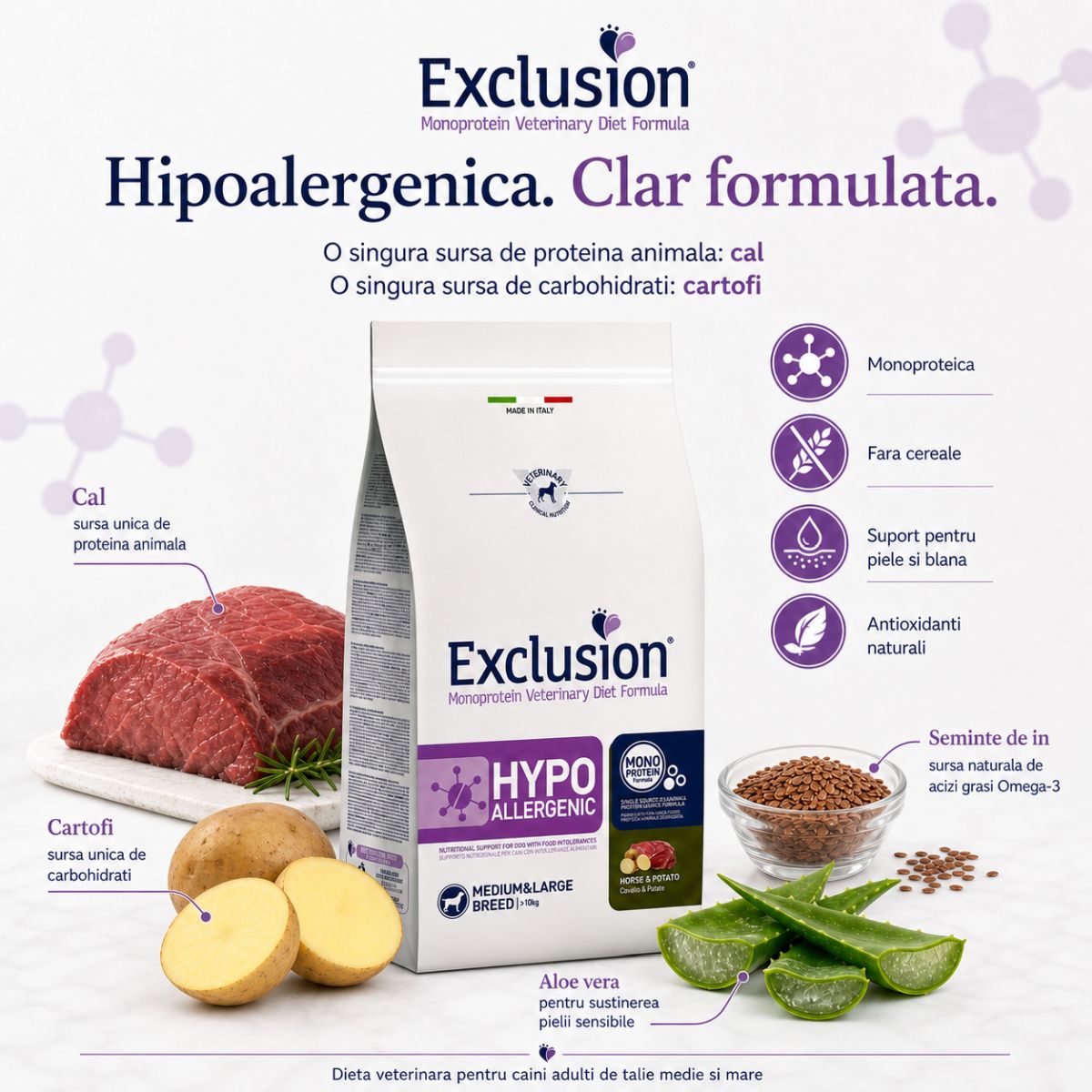 EXCLUSION Monoprotein VD Hypoallergenic Medium&Large, M-XL, Cal și Cartofi, dietă veterinară, hrană uscată fără cereale câini, alergii, 12kg - poza 4