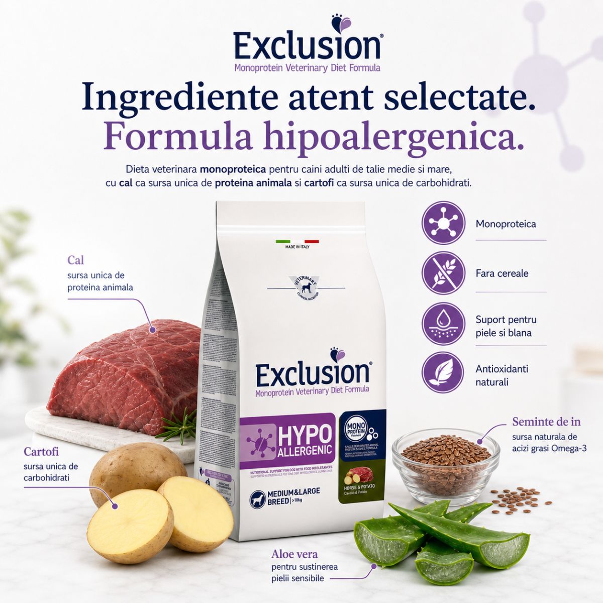 EXCLUSION Monoprotein VD Hypoallergenic Medium&Large, M-XL, Cal și Cartofi, dietă veterinară, hrană uscată fără cereale câini, alergii, 12kg - poza 5