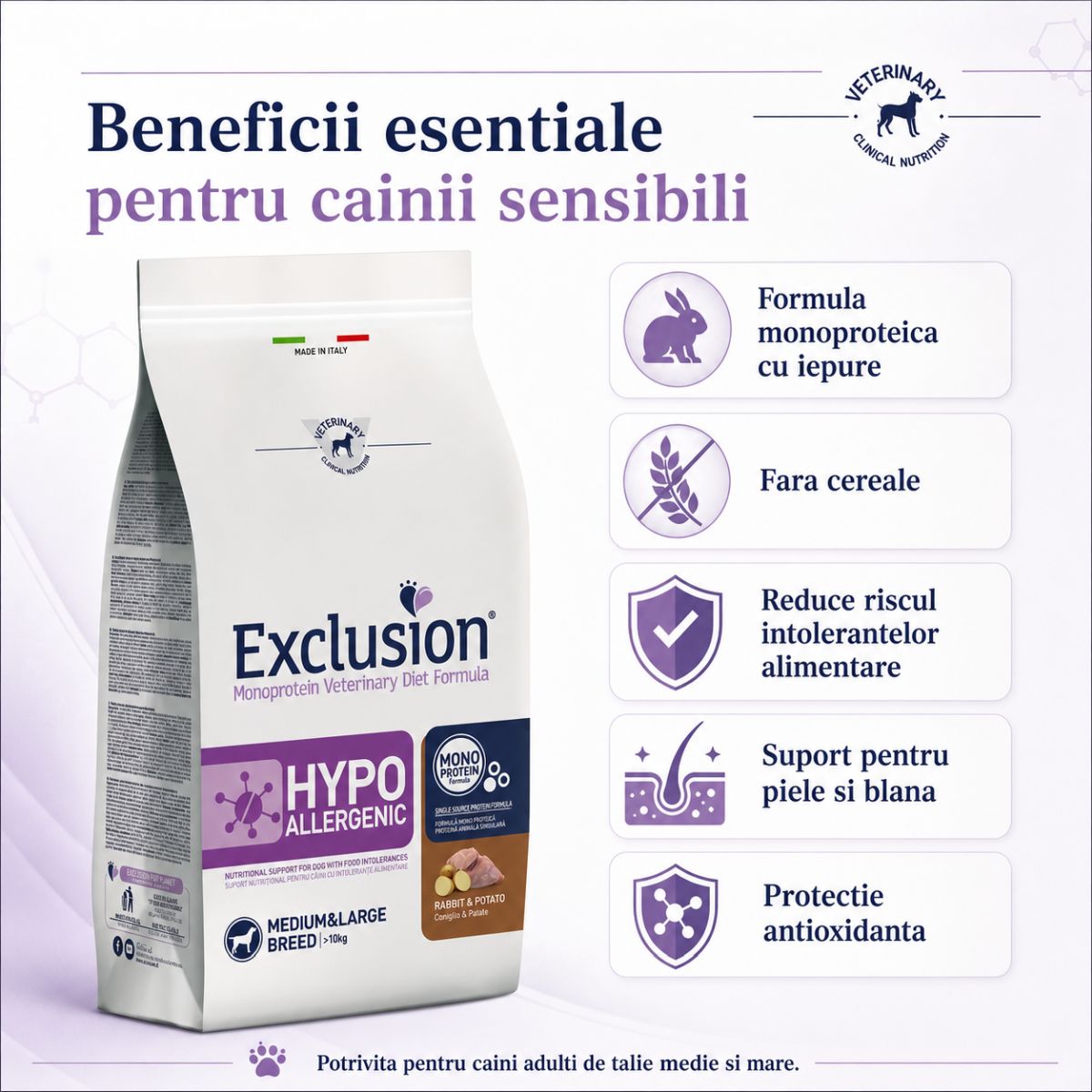EXCLUSION Monoprotein VD Hypoallergenic Medium&Large, M-XL, Iepure și Cartofi, dietă veterinară, hrană uscată fără cereale câini, alergii, 12kg - poza 3