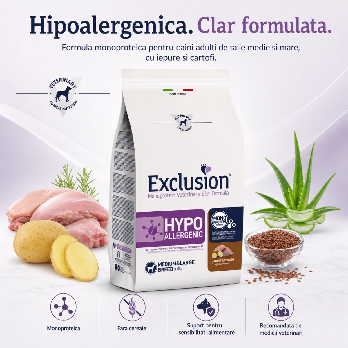 EXCLUSION Monoprotein VD Hypoallergenic Medium&Large, M-XL, Iepure și Cartofi, dietă veterinară, hrană uscată fără cereale câini, alergii, 12kg - poza 4