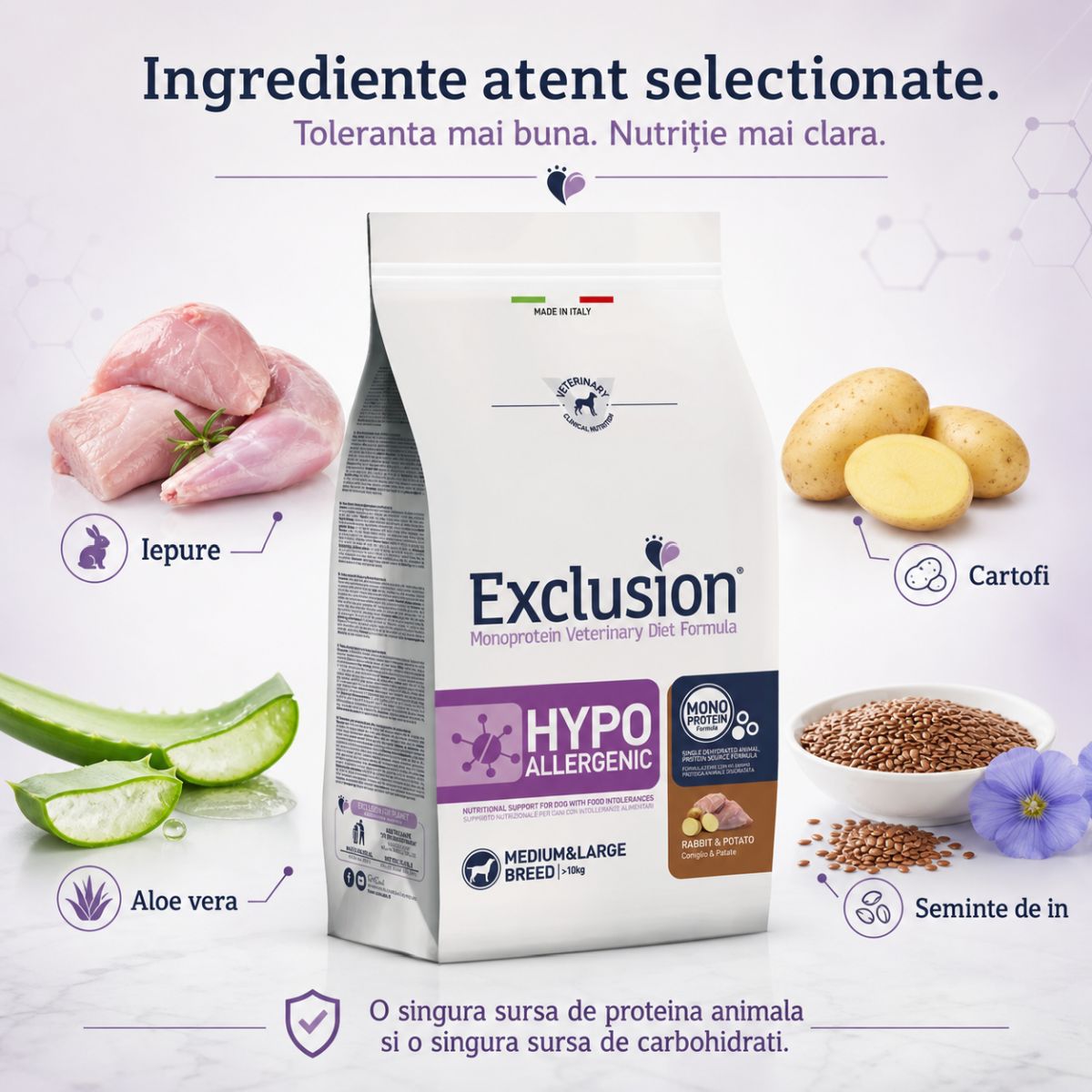 EXCLUSION Monoprotein VD Hypoallergenic Medium&Large, M-XL, Iepure și Cartofi, dietă veterinară, hrană uscată fără cereale câini, alergii, 12kg - poza 5