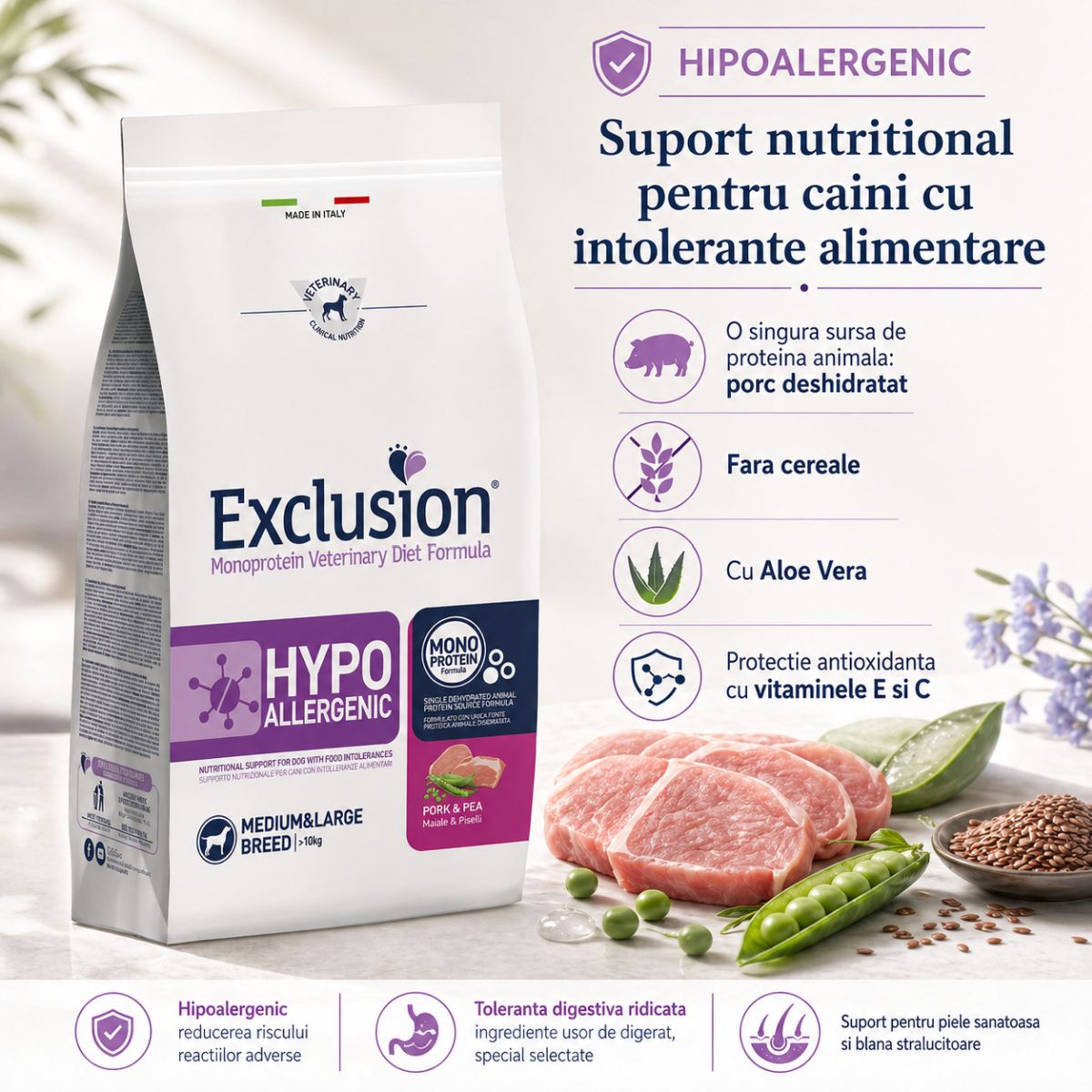 EXCLUSION Monoprotein VD Hypoallergenic Medium&Large, M-XL, Porc și Mazăre, dietă veterinară, hrană uscată fără cereale câini, alergii, 2kg - poza 3