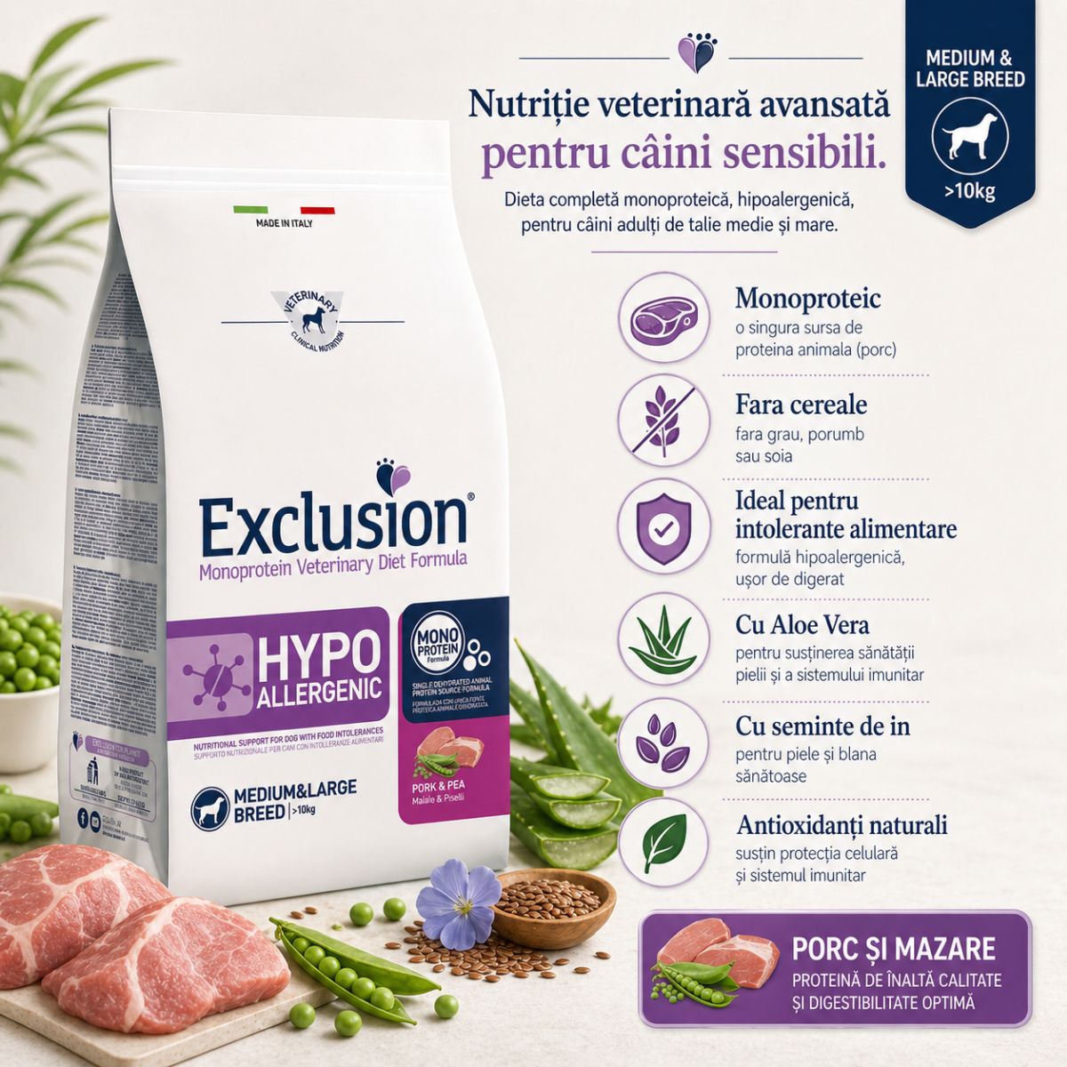 EXCLUSION Monoprotein VD Hypoallergenic Medium&Large, M-XL, Porc și Mazăre, dietă veterinară, hrană uscată fără cereale câini, alergii, 12kg - poza 4