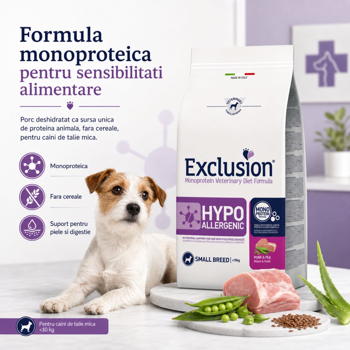 EXCLUSION Monoprotein VD Hypoallergenic Small, XS-S, Porc și Mazăre, dietă veterinară, hrană uscată fără cereale câini, alergii, 2kg - poza 4