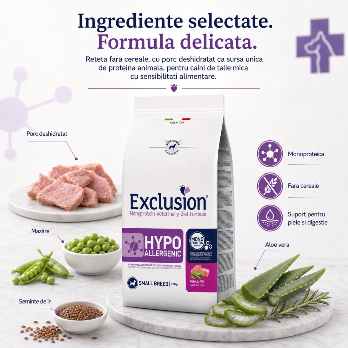 EXCLUSION Monoprotein VD Hypoallergenic Small, XS-S, Porc și Mazăre, dietă veterinară, hrană uscată fără cereale câini, alergii, 2kg - poza 5