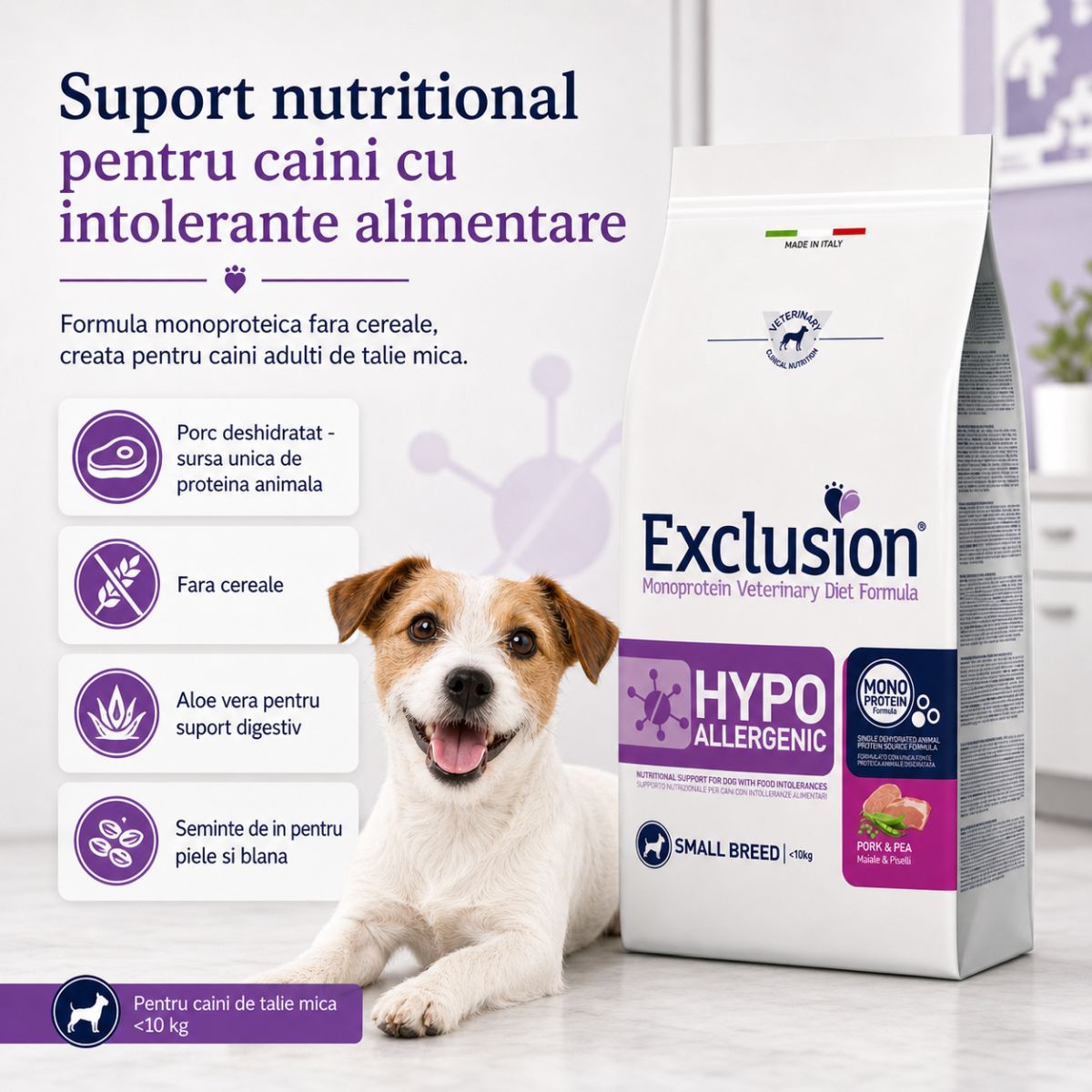 EXCLUSION Monoprotein VD Hypoallergenic Small, XS-S, Porc și Mazăre, dietă veterinară, hrană uscată fără cereale câini, alergii, 7kg - poza 3