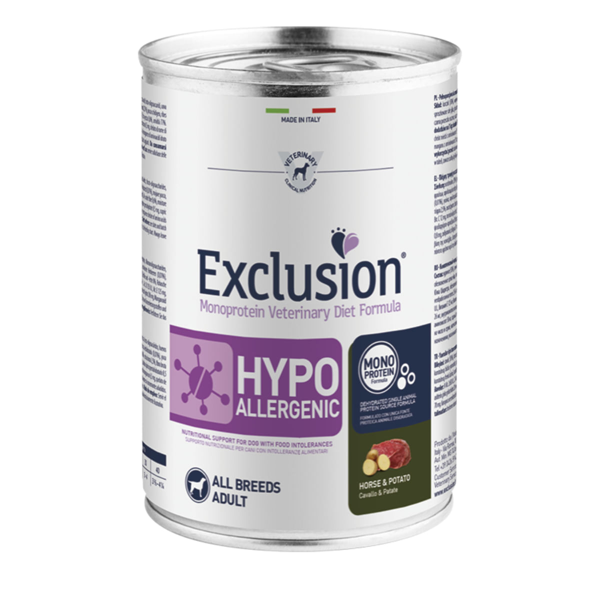 EXCLUSION Monoprotein VD Hypoallergenic, XS-XL, Cal și Cartofi, dietă veterinară, conservă hrană umedă fără cereale câini, alergii, (pate), 400g - poza 2