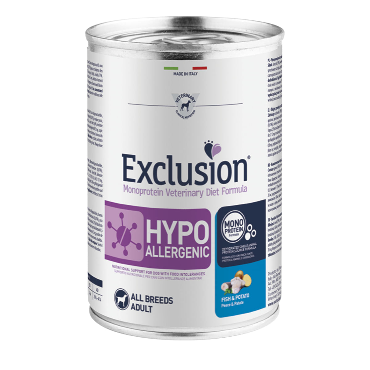 EXCLUSION Monoprotein VD Hypoallergenic, XS-XL, Pește și Cartofi, dietă veterinară, conservă hrană umedă fără cereale câini, alergii, (pate), 400g - poza 2