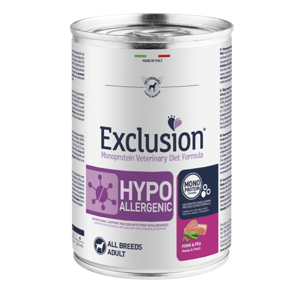 EXCLUSION Monoprotein VD Hypoallergenic, XS-XL, Porc și Mazăre, dietă veterinară, conservă hrană umedă fără cereale câini, alergii, (pate), 400g - poza 2