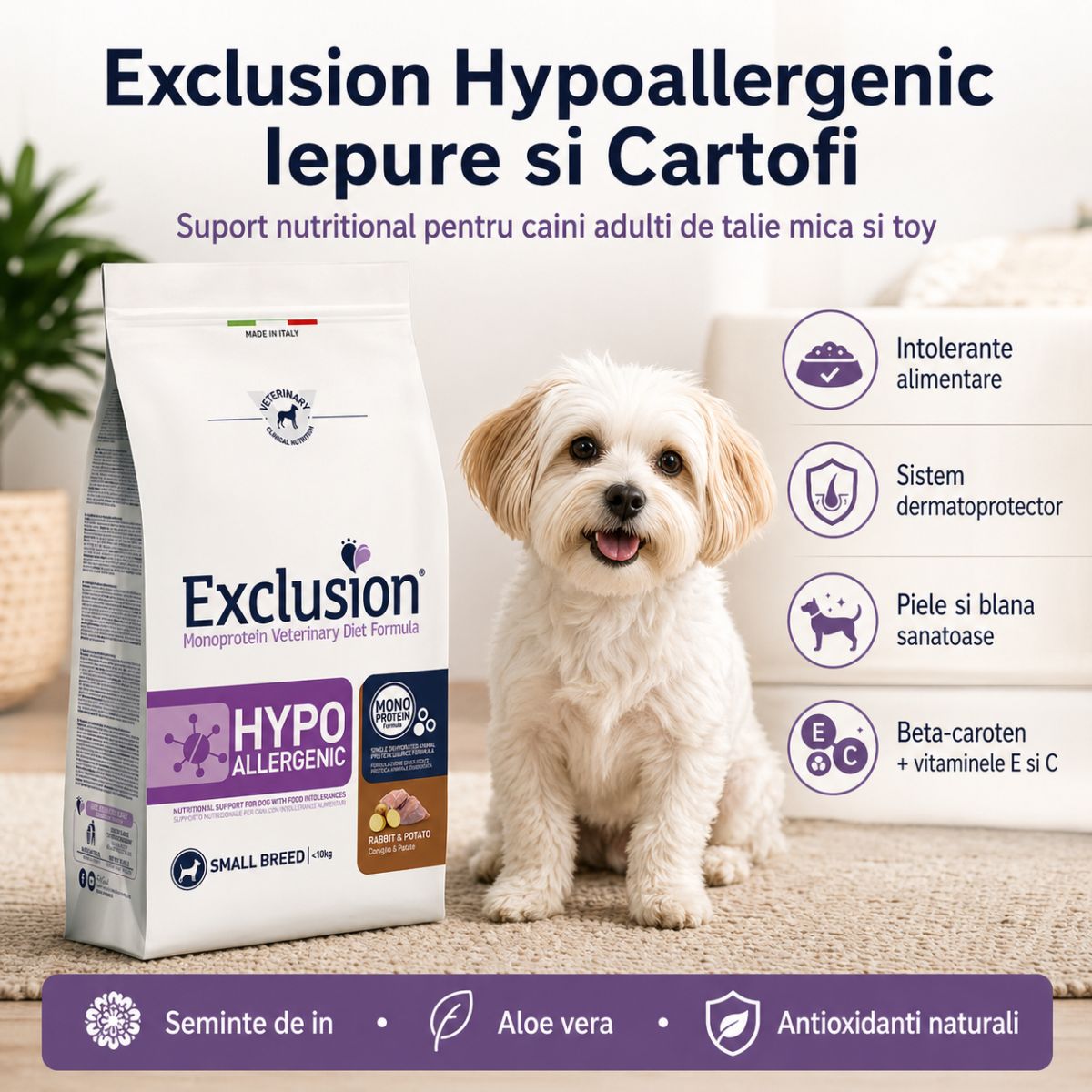 EXCLUSION Monoprotein VD Hyppoallergenic Small, XS-S, Iepure și Cartofi, dietă veterinară, hrană uscată fără cereale câini, alergii, 2kg - poza 3