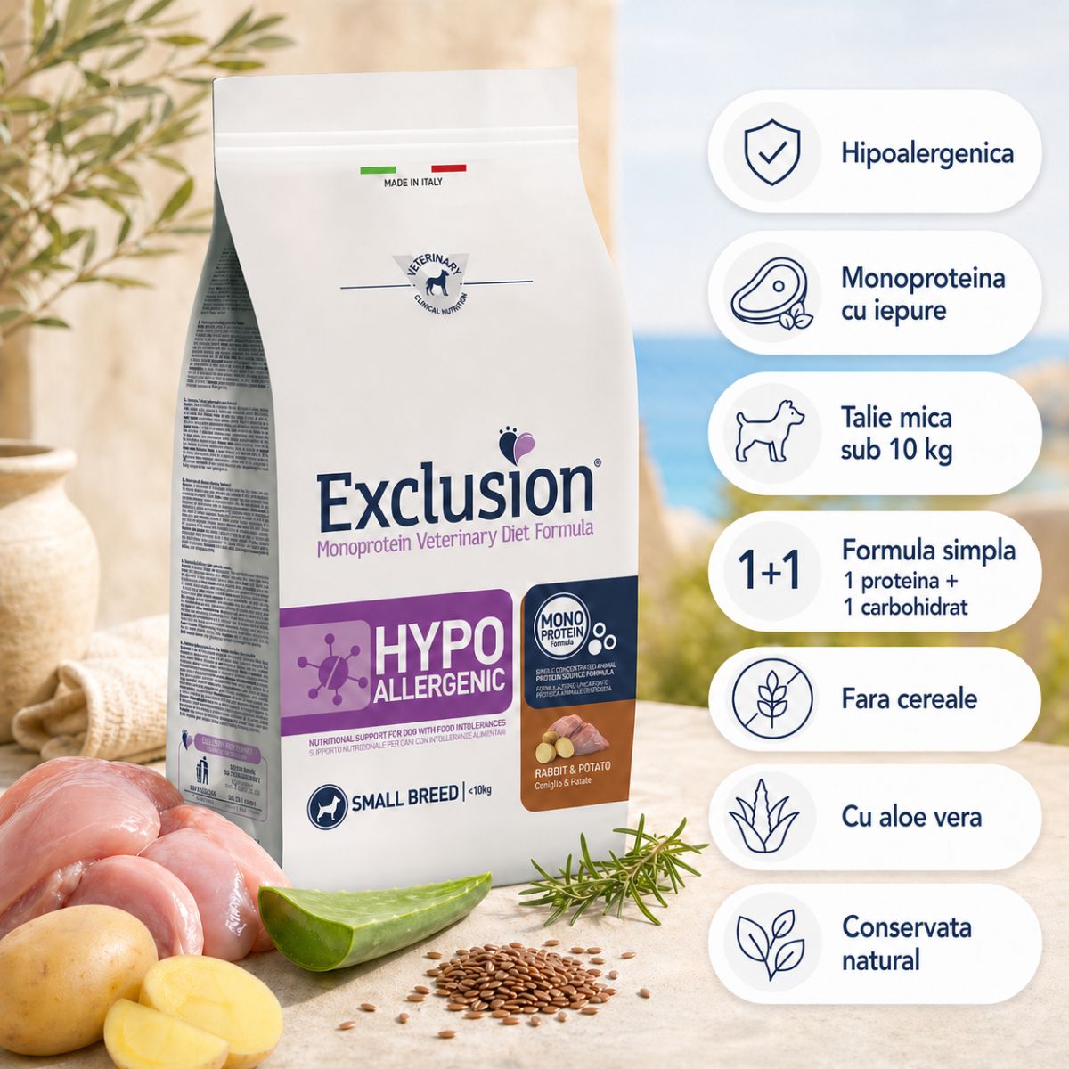 EXCLUSION Monoprotein VD Hyppoallergenic Small, XS-S, Iepure și Cartofi, dietă veterinară, hrană uscată fără cereale câini, alergii, 2kg - poza 5