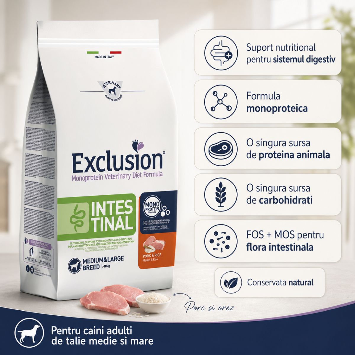 EXCLUSION Monoprotein VD Intestinal Medium&Large M-XL, Porc și Orez, dietă veterinară, hrană uscată câini, sistem digestiv, 2kg - poza 3