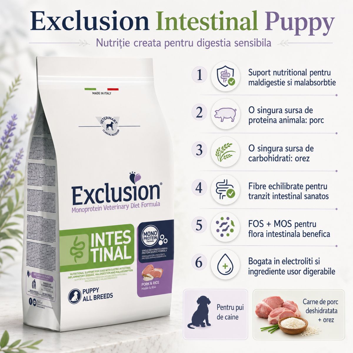 EXCLUSION Monoprotein VD Intestinal Puppy, XS-XL, Porc și Orez, dietă veterinară, hrană uscată câini junior, sistem digestiv, 12kg - poza 3