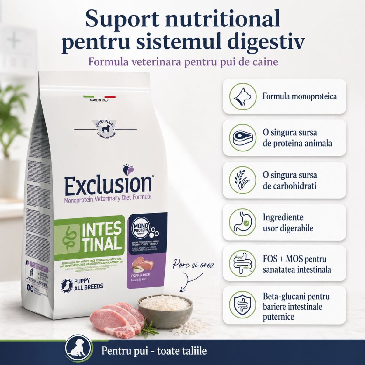 EXCLUSION Monoprotein VD Intestinal Puppy, XS-XL, Porc și Orez, dietă veterinară, hrană uscată câini junior, sistem digestiv, 12kg - poza 4