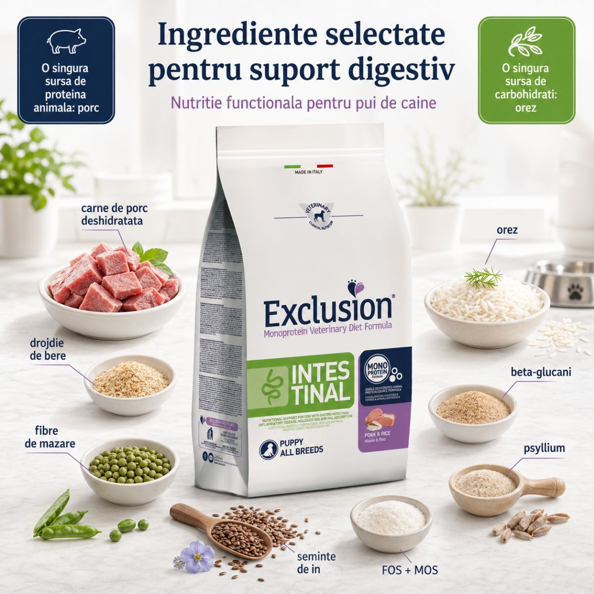 EXCLUSION Monoprotein VD Intestinal Puppy, XS-XL, Porc și Orez, dietă veterinară, hrană uscată câini junior, sistem digestiv, 12kg - poza 5