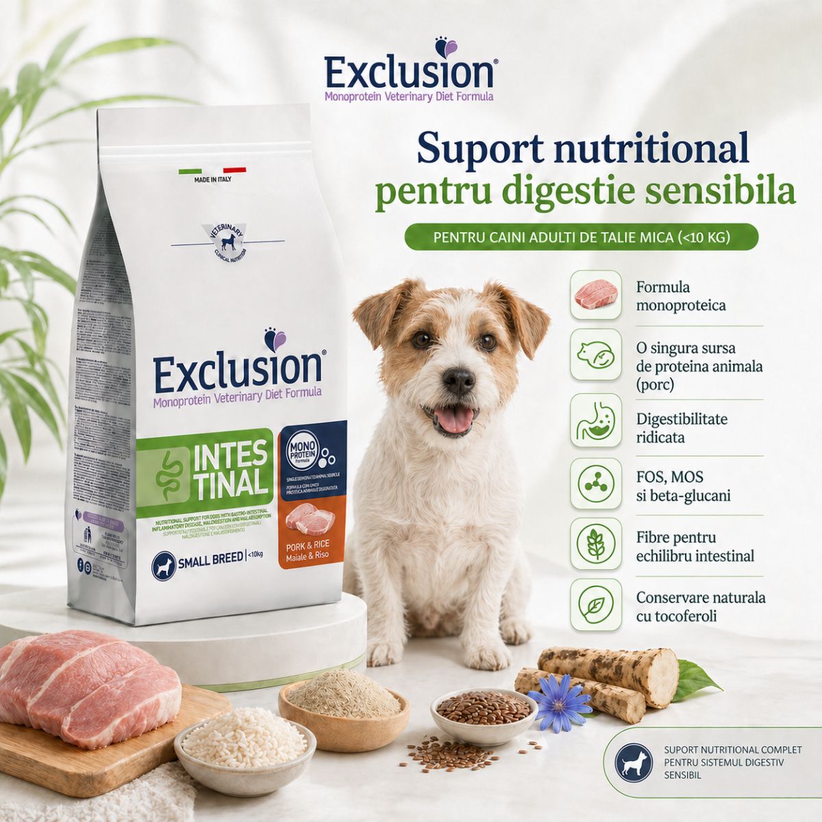 EXCLUSION Monoprotein VD Intestinal Small, XS-S, Porc și Orez, dietă veterinară, hrană uscată câini, sistem digestiv, 2kg - poza 3