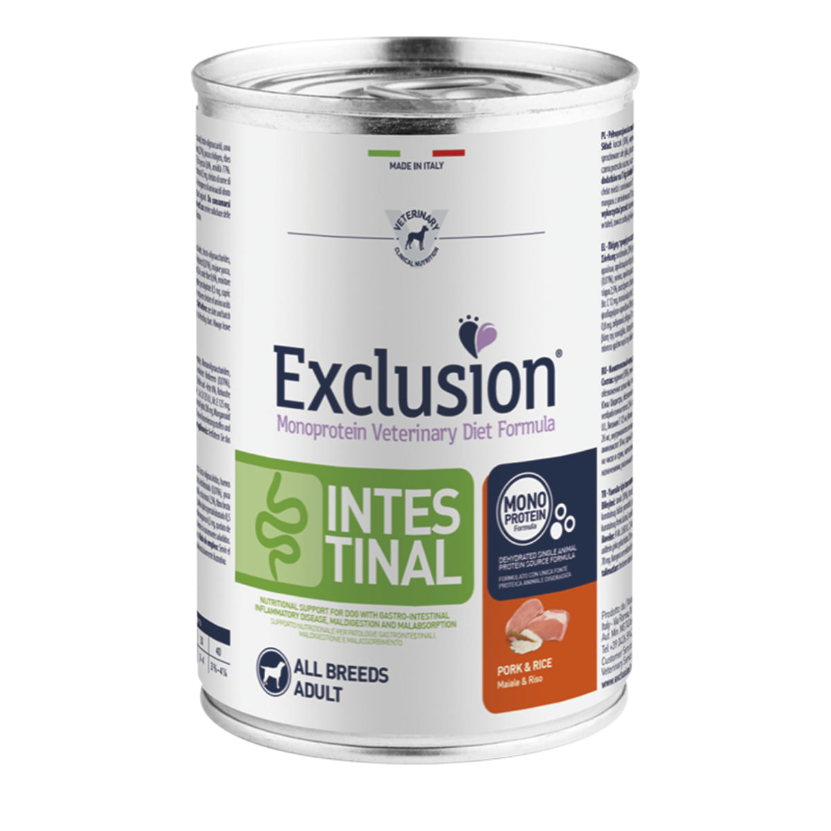 EXCLUSION Monoprotein VD Intestinal, XS-XL, Porc și Orez, dietă veterinară, conservă hrană umedă fără cereale câini, sistem digestiv, (pate), 400g - poza 1