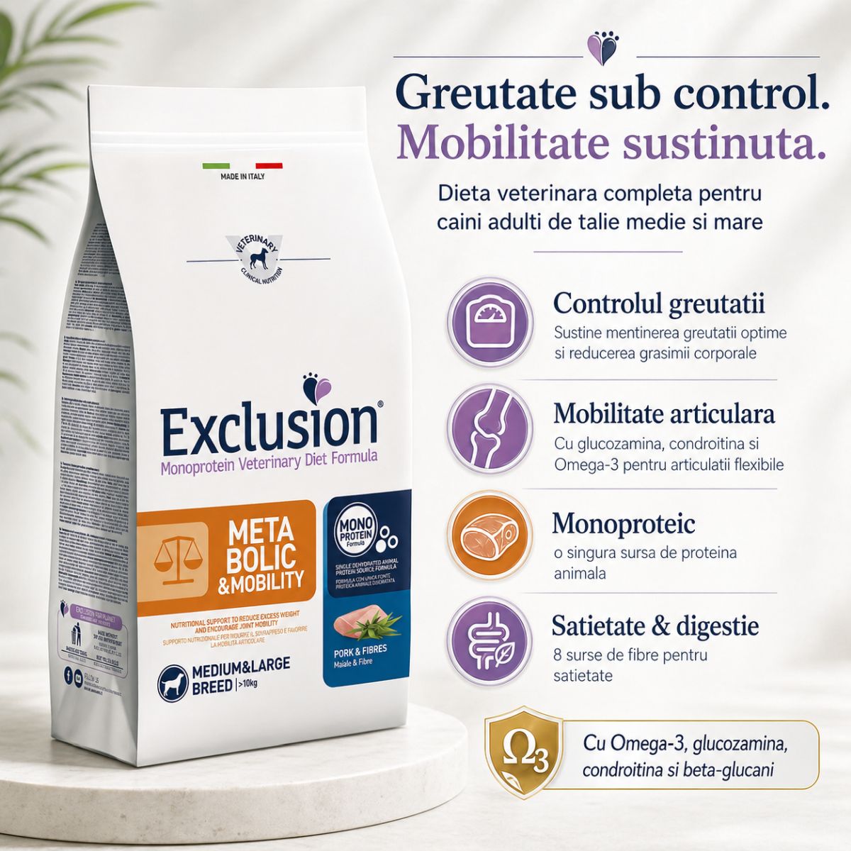 EXCLUSION Monoprotein VD Metabolic&Mobility Medium/Large, M-XL, Porc și Fibre, dietă veterinară, hrană uscată câini, obezitate, sistem articular, 12kg - poza 3