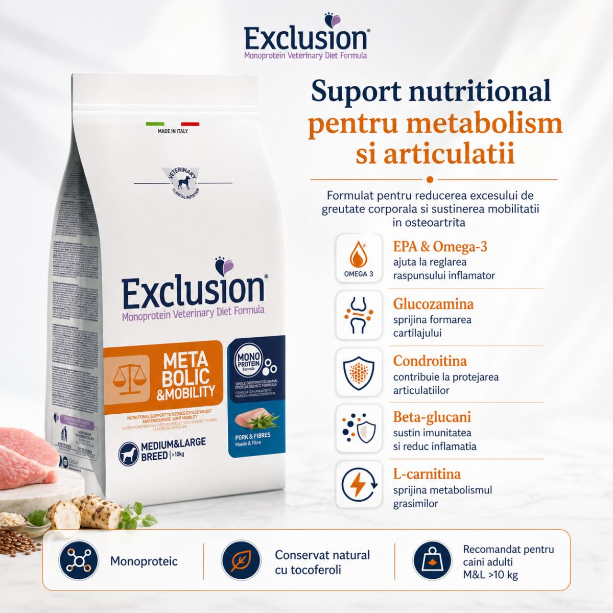 EXCLUSION Monoprotein VD Metabolic&Mobility Medium/Large, M-XL, Porc și Fibre, dietă veterinară, hrană uscată câini, obezitate, sistem articular, 12kg - poza 4