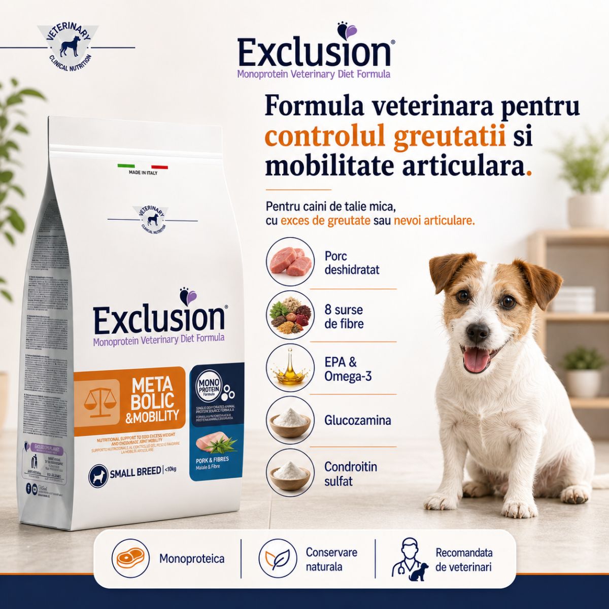 EXCLUSION Monoprotein VD Metabolic & Mobility Small, XS-S, Porc și Fibre, dietă veterinară, hrană uscată câini, obezitate, sistem articular, 2kg - poza 3