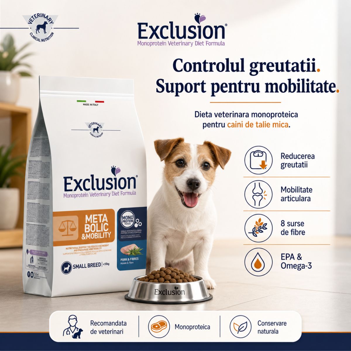 EXCLUSION Monoprotein VD Metabolic & Mobility Small, XS-S, Porc și Fibre, dietă veterinară, hrană uscată câini, obezitate, sistem articular, 2kg - poza 4