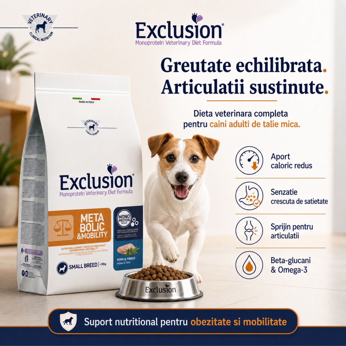 EXCLUSION Monoprotein VD Metabolic & Mobility Small, XS-S, Porc și Fibre, dietă veterinară, hrană uscată câini, obezitate, sistem articular, 2kg - poza 5