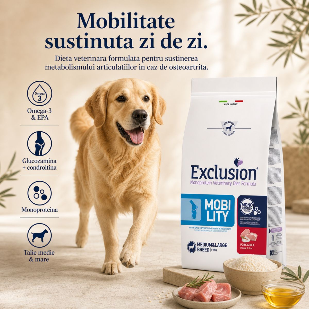 EXCLUSION Monoprotein VD Mobility Medium & Large, M-XL, Porc și Orez, dietă veterinară, hrană uscată câini, sistem articular, 12kg - poza 3