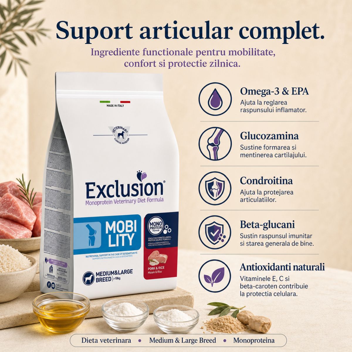 EXCLUSION Monoprotein VD Mobility Medium & Large, M-XL, Porc și Orez, dietă veterinară, hrană uscată câini, sistem articular, 12kg - poza 4