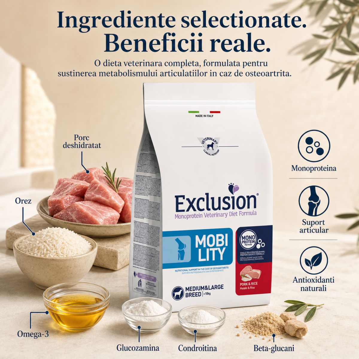 EXCLUSION Monoprotein VD Mobility Medium & Large, M-XL, Porc și Orez, dietă veterinară, hrană uscată câini, sistem articular, 12kg - poza 5
