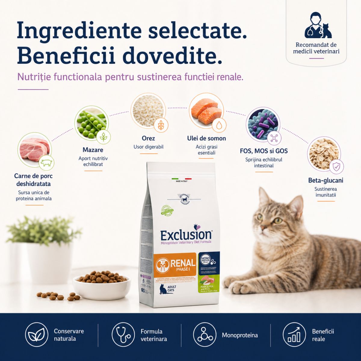 EXCLUSION Monoprotein VD Renal Phase 1, Porc și Orez, dietă veterinară, hrană uscată pisici, sistem renal, 1.5kg - poza 5