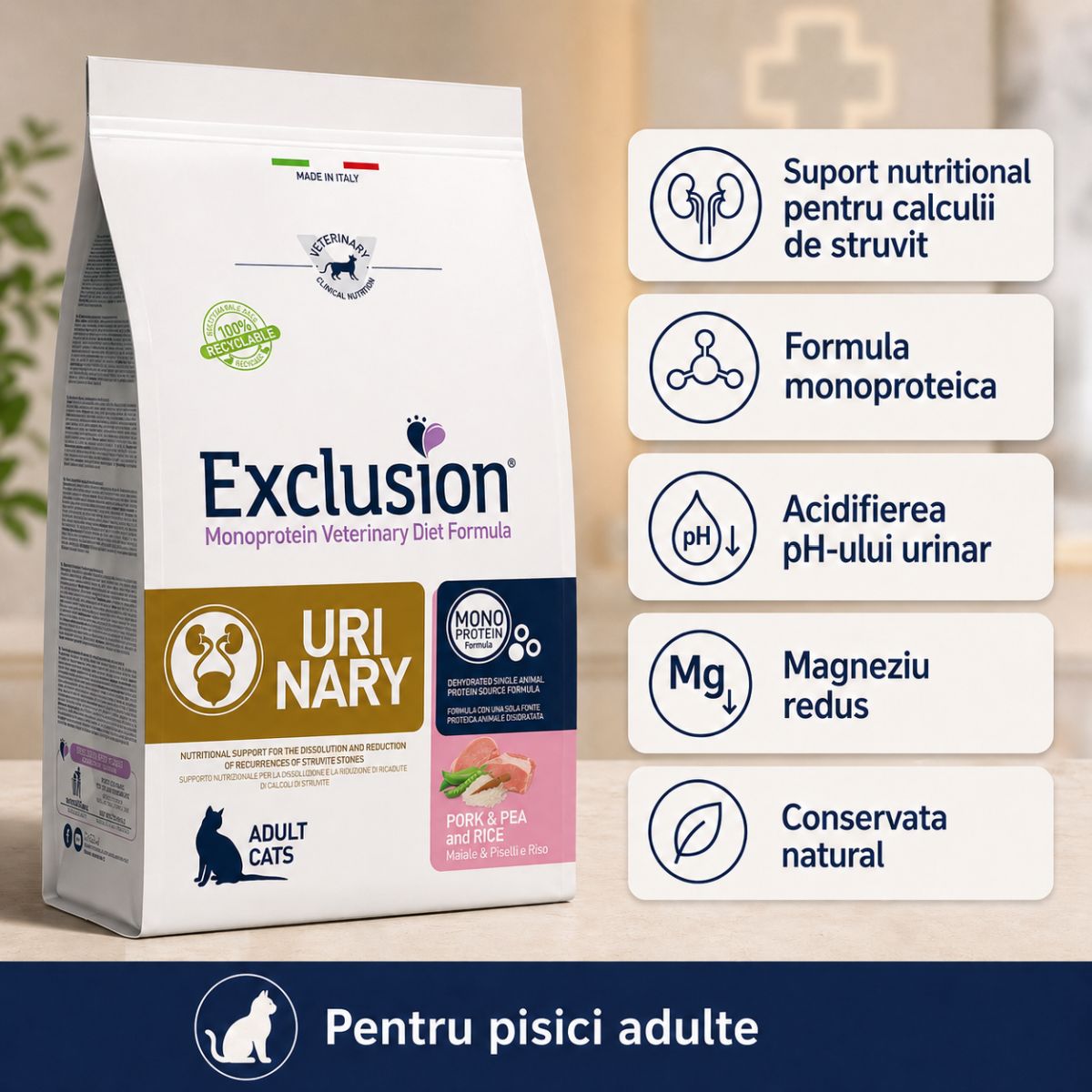 EXCLUSION Monoprotein VD Urinary, Porc și Mazăre, dietă veterinară, hrană uscată pisici, sistem urinar, 1.5kg - poza 3