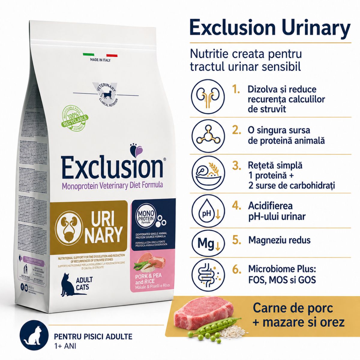 EXCLUSION Monoprotein VD Urinary, Porc și Mazăre, dietă veterinară, hrană uscată pisici, sistem urinar, 1.5kg - poza 4
