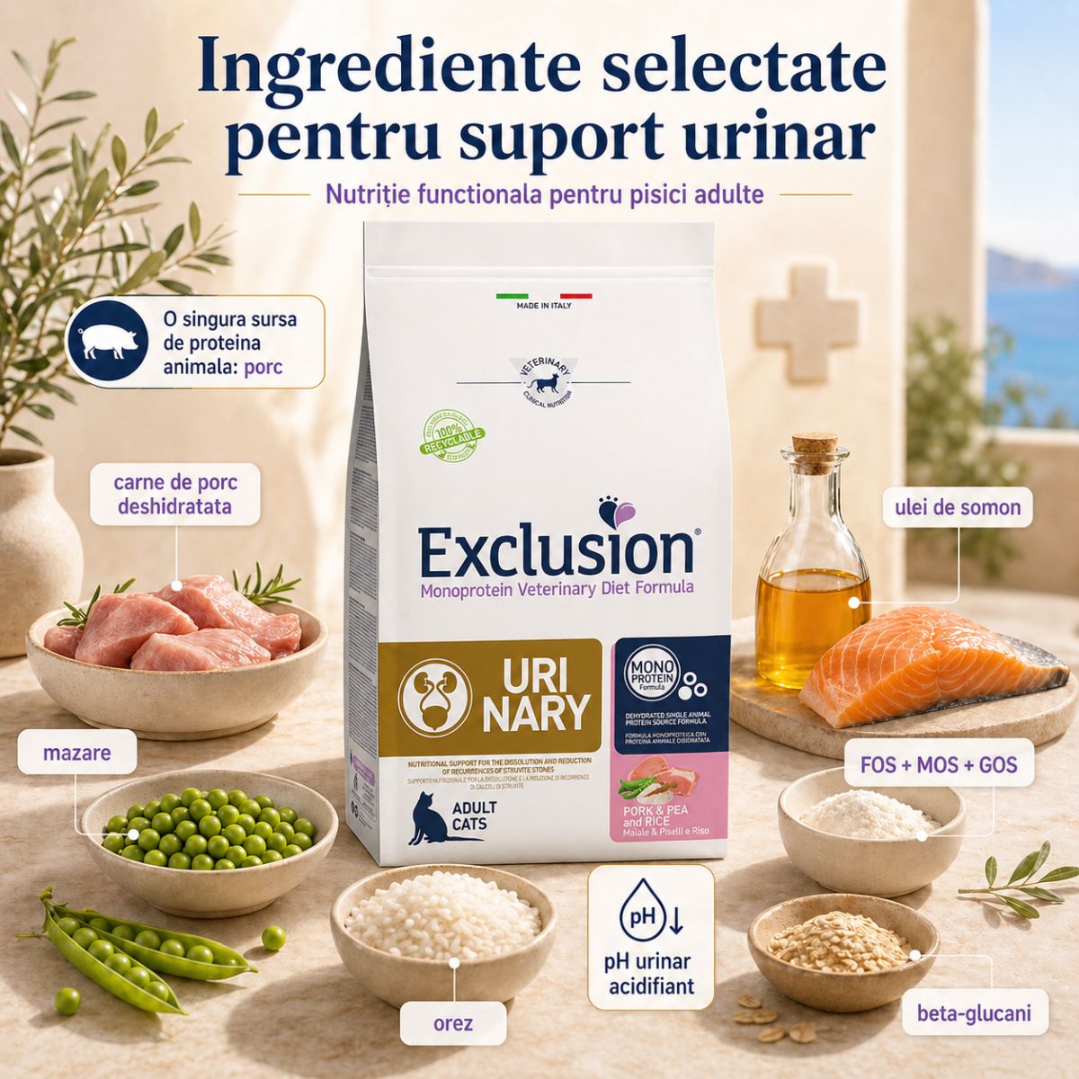 EXCLUSION Monoprotein VD Urinary, Porc și Mazăre, dietă veterinară, hrană uscată pisici, sistem urinar, 1.5kg - poza 5