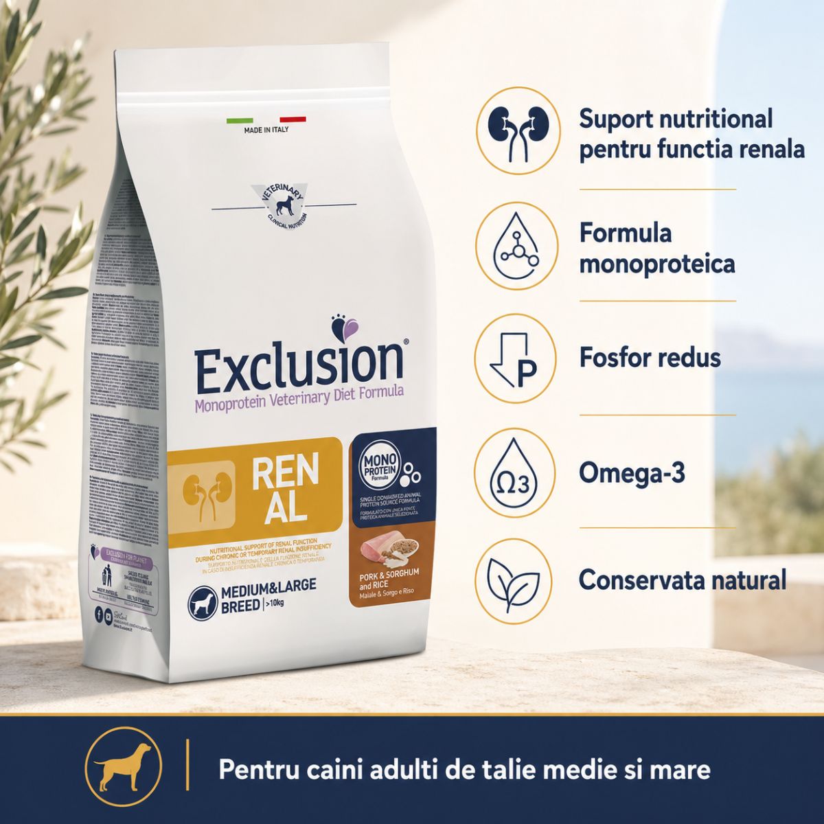 EXCLUSION Monoprotein Veterinary Diet Formula Renal, M-XL, Porc și Sorg, dietă veterinară, hrană uscată monoproteică câini, sistem renal, 12kg - poza 3