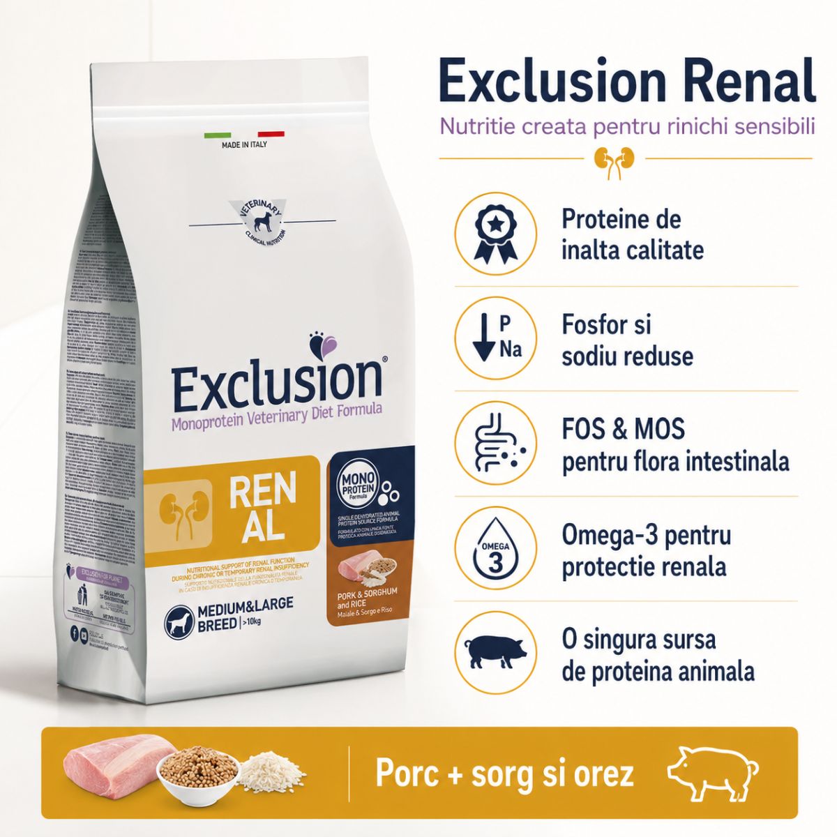 EXCLUSION Monoprotein Veterinary Diet Formula Renal, M-XL, Porc și Sorg, dietă veterinară, hrană uscată monoproteică câini, sistem renal, 12kg - poza 4