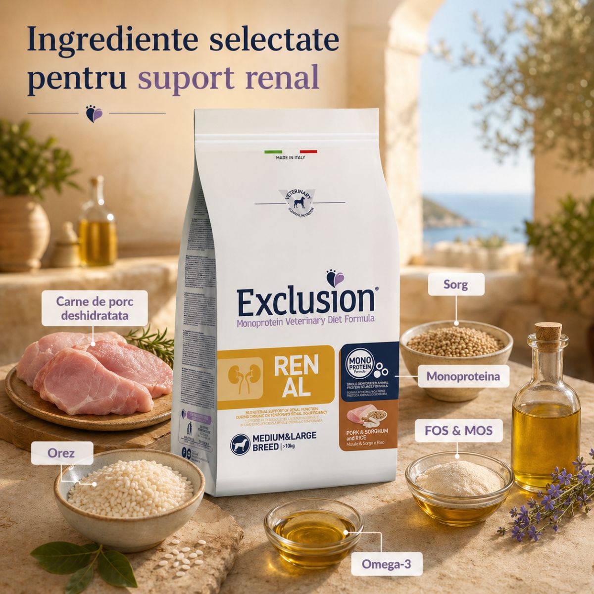 EXCLUSION Monoprotein Veterinary Diet Formula Renal, M-XL, Porc și Sorg, dietă veterinară, hrană uscată monoproteică câini, sistem renal, 12kg - poza 5