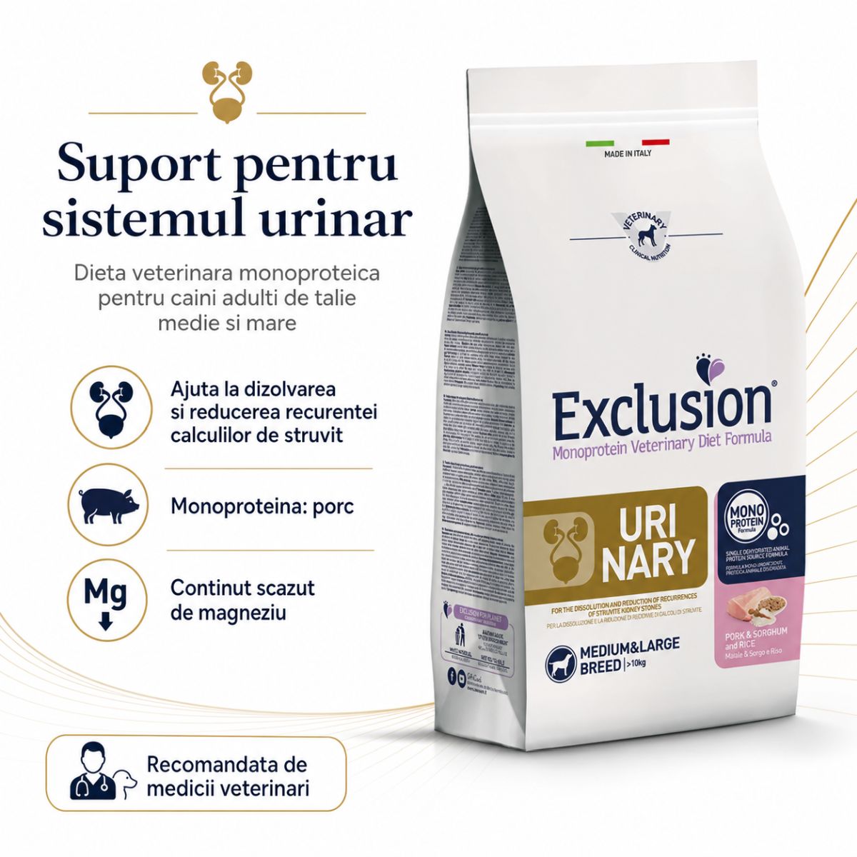 EXCLUSION Monoprotein Veterinary Diet Formula Urinary, M-XL, Porc, dietă veterinară, hrană uscată monoproteică câini, sistem urinar, 12kg - poza 3