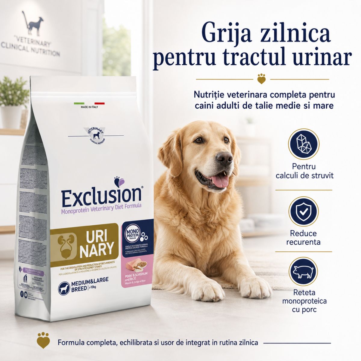 EXCLUSION Monoprotein Veterinary Diet Formula Urinary, M-XL, Porc, dietă veterinară, hrană uscată monoproteică câini, sistem urinar, 12kg - poza 4