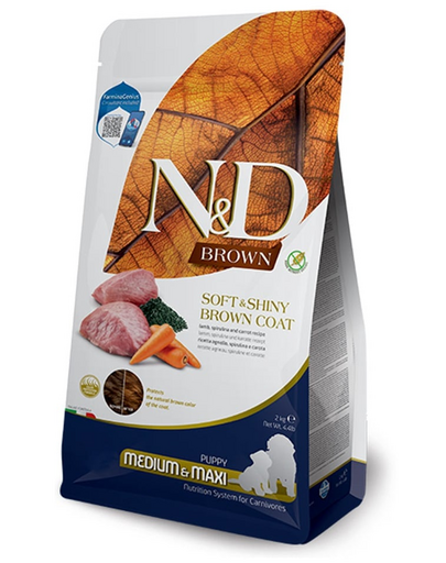 FARMINA N&D Brown Dog Puppy Medium Maxi Lamb, Spirulina, Carrot 2 kg Mancare catei cu blana inchisa la culoare