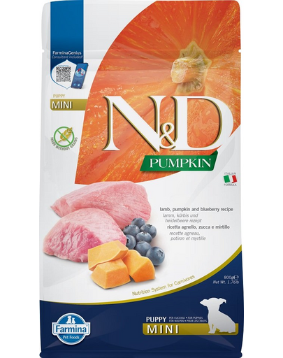 FARMINA N&D GF Pumpkin Puppy Mini - Hrană uscată pentru cățeluși cu miel și afine 800 g