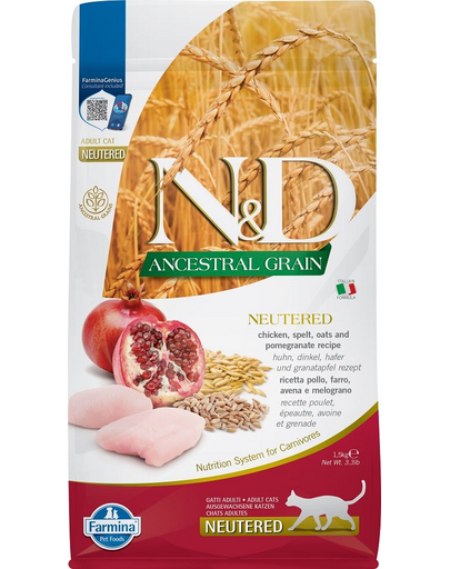 FARMINA N&D Hrana pentru pisici adulte castrate si sterilizate, cu cereale, pui si rodie - 1,5 kg