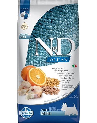 FARMINA N&D Ocean Adult Mini cu cod, spelat, ovăz, portocale 7 kg