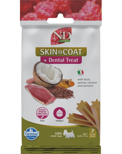 FARMINA N&D Quinoa Dental Treat Skin Coat Duck Mini 60 g recompensa dentara cu rata, pentru caini de rase mici